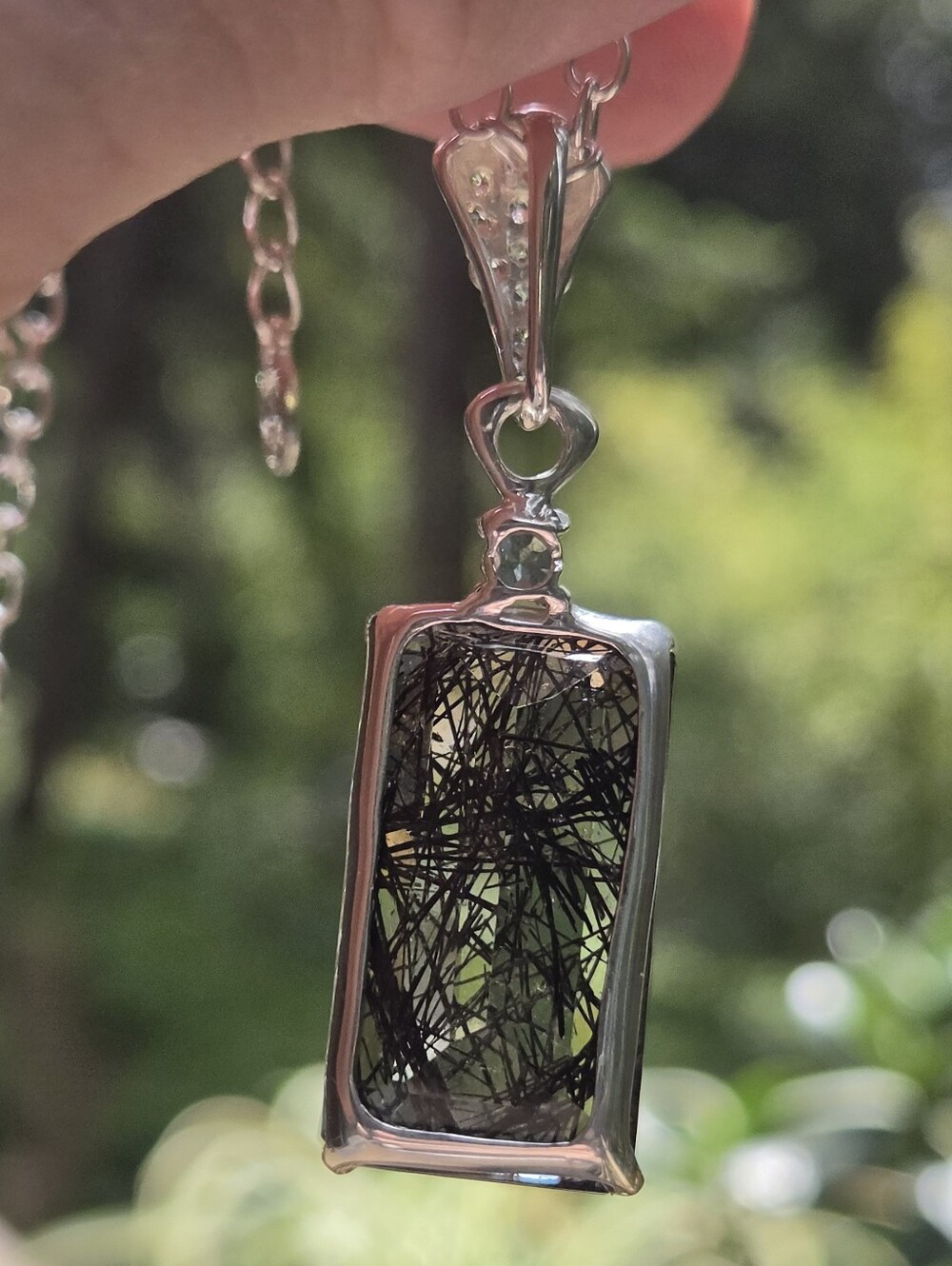 Rutilated Quartz Emerald Cut Natural 28k Topaz&tourmaline Pendant Necklace 18" - Picture 8 of 13